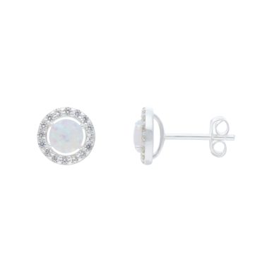 New Sterling Silver Cubic Zirconia & Cultured Opal Stud Earrings