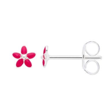 New Sterling Silver Pink Enamel Flower Stud Earrings
