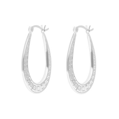 New Sterling Silver Oval Greek Key Hoop Earrings