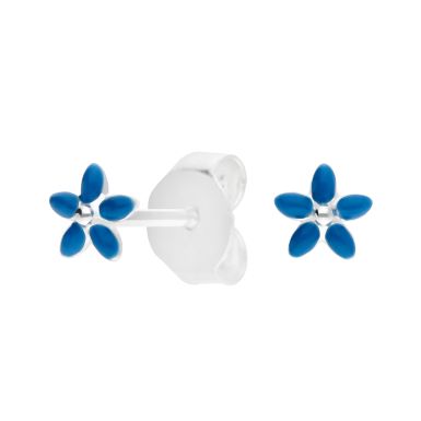 New Sterling Silver Blue Enamel Flower Stud Earrings