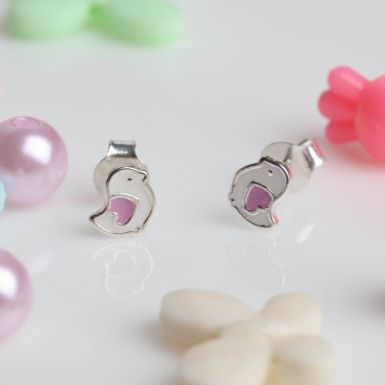 New Sterling Silver Love Heart Bird Stud Earrings