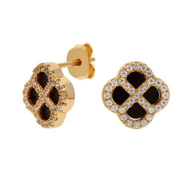 New Gold Plated Cubic Zirconia & Black Agate Petal Earrings
