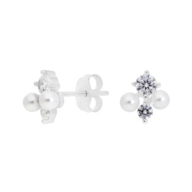 New Sterling Silver Cubic Zirconia & Pearl Cluster Stud Earrings