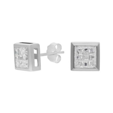 New Sterling Silver Cubic Zirconia Square Cluster Stud Earrings