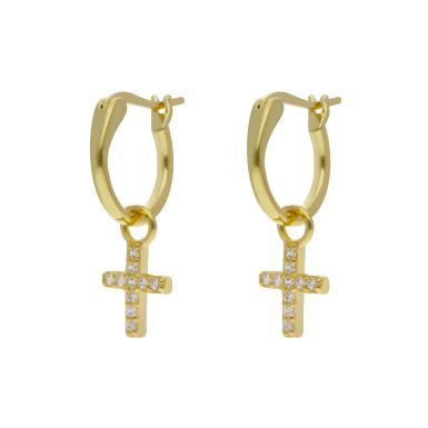 New Gold Plated Silver Cubic Zirconia Cross Drop Hoop Earrings
