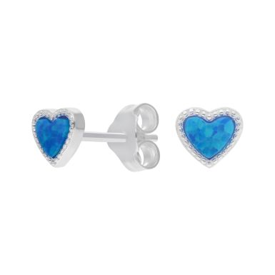 New Sterling Silver Synthetic Blue Opal Heart Stud Earrings