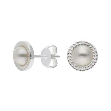 New Sterling Silver Wreath Edged Pearl Stud Earrings