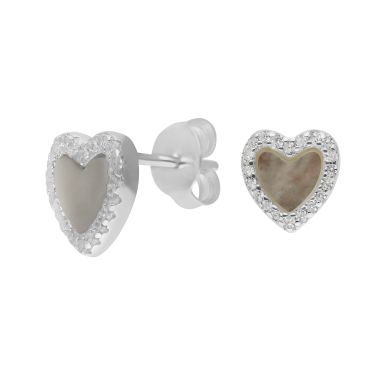 New Silver Mother Of Pearl & Cubic Zirconia Heart Stud Earrings