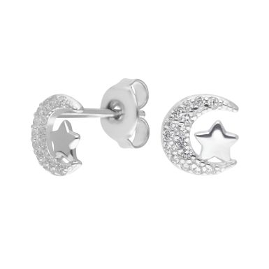 New Sterling Silver Cubic Zirconia Moon & Star Stud Earrings