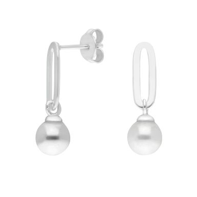 New Sterling Silver Pearl Drop Paperclip Link Stud Earrings