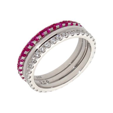 New Sterling Silver Cubic Zirconia Red 3 Ring Stack Set