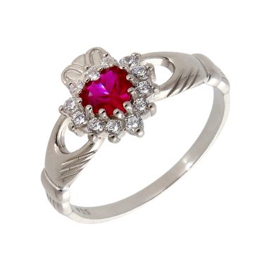 New Sterling Silver Red Cubic Zirconia Claddagh Ring