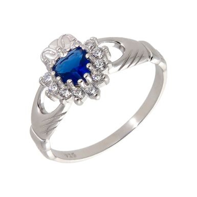 New Sterling Silver Blue Cubic Zirconia Claddagh Ring