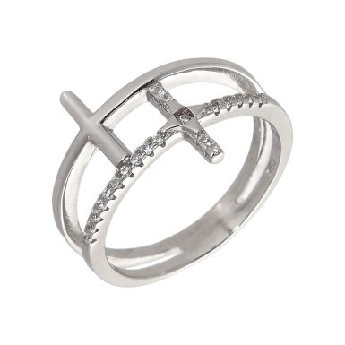 New Sterling Silver Cubic Zirconia Set Double Curved Cross Ring