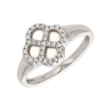 New Sterling Silver Cubic Zirconia & Mother Of Pearl Petal Ring