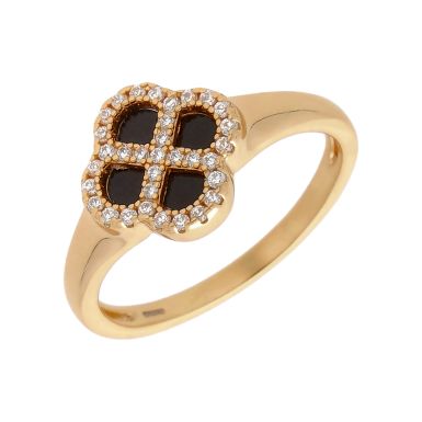 New Gold Plated Cubic Zirconia & Black Agate Petal Ring