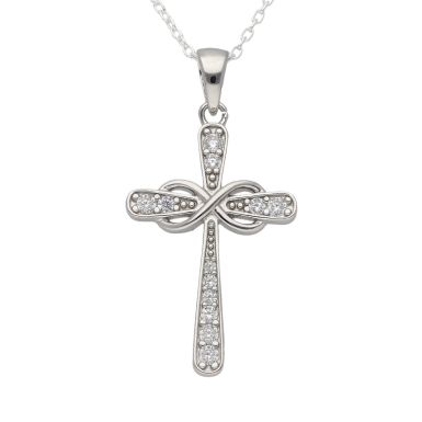 New Sterling Silver Infinity Cubic Zirconia Cross & 18" Necklace