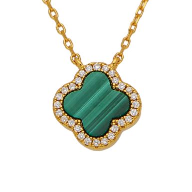 New Gold Plated Sterling Silver Malachite Clover Petal Necklace