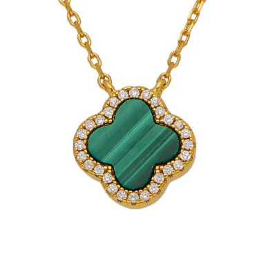 New Gold Plated Sterling Silver Malachite Clover Petal Necklace
