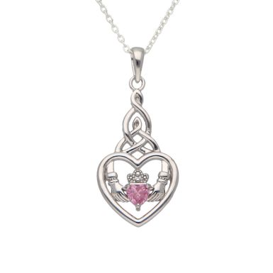New Sterling Silver Pink Cubic Zirconia Claddagh & 18" Necklace