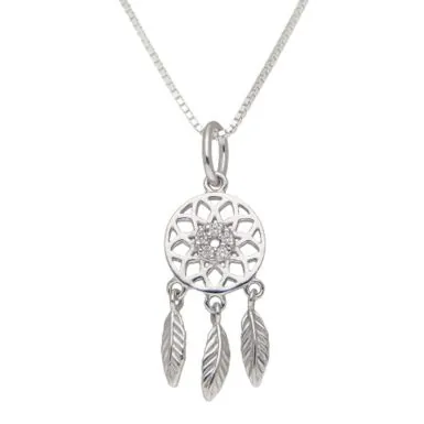 New Sterling Silver Cubic Zirconia Dreamcatcher & 18" Necklace