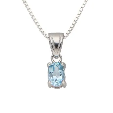 New Sterling Silver Oval Blue Topaz Pendant & 18" Chain Necklace