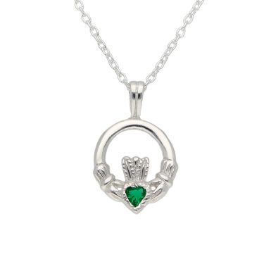 New Sterling Silver Green Cubic Zirconia Set Claddagh Necklace