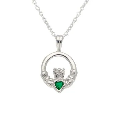 New Sterling Silver Green Cubic Zirconia Set Claddagh Necklace