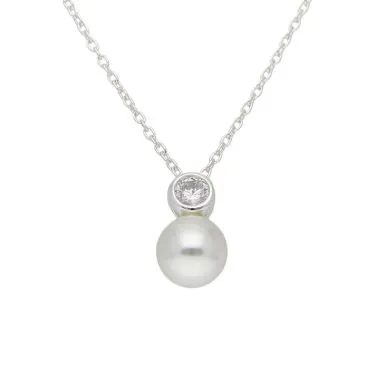 New Sterling Silver Cubic Zirconia & Pearl Pendant Necklace