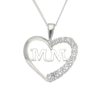 New Sterling Silver Cubic Zirconia Set Mum Heart & 18" Necklace