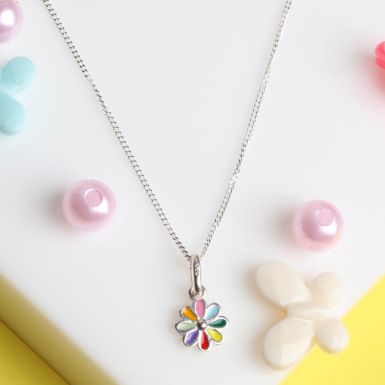 New Sterling Silver Rainbow Flower Pendant & 14" Chain Necklace