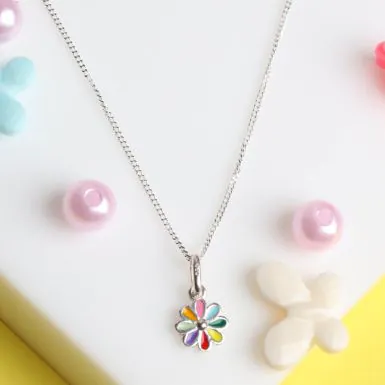 New Sterling Silver Rainbow Flower Pendant & 14" Chain Necklace