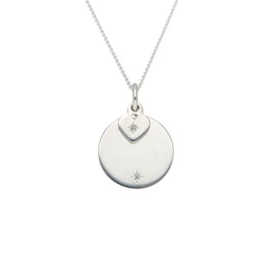 New Sterling Silver Gemstone Heart & Engravable Disc Necklace