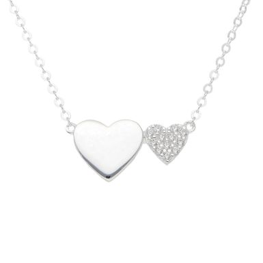 New Sterling Silver Cubic Zirconia Set Double Heart Necklace