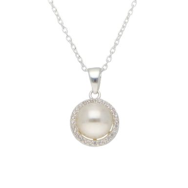 New Sterling Silver Pearl & Cubic Zirconia Halo Pendant Necklace