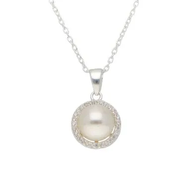 New Sterling Silver Pearl & Cubic Zirconia Halo Pendant Necklace