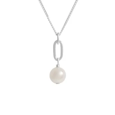 New Sterling Silver Paperclip Link Pearl Drop Pendant Necklace