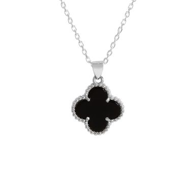 New Sterling Silver Onyx Clover Petal Pendant Necklace