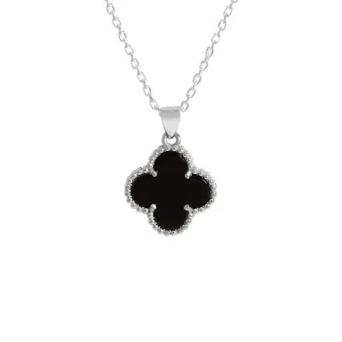 New Sterling Silver Onyx Clover Petal Pendant Necklace
