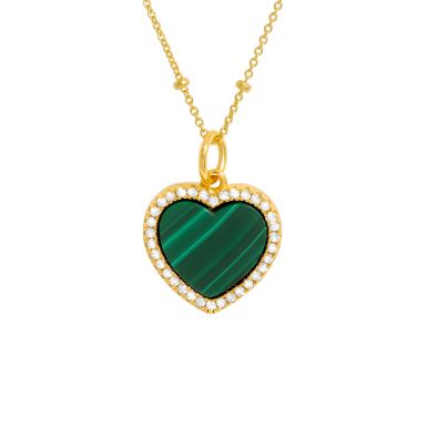 New Gold Plated Silver Malachite Heart & 18" Bead Chain Necklace