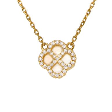 New Gold Plated Cubic Zirconia & Mother Of Pearl Petal Necklace