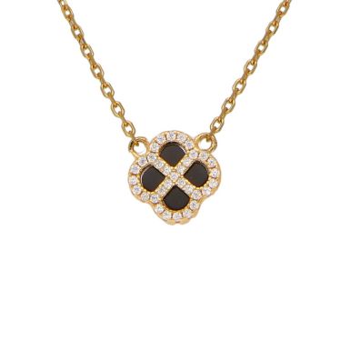 New Gold Plated Cubic Zirconia & Black Agate Petal Necklace