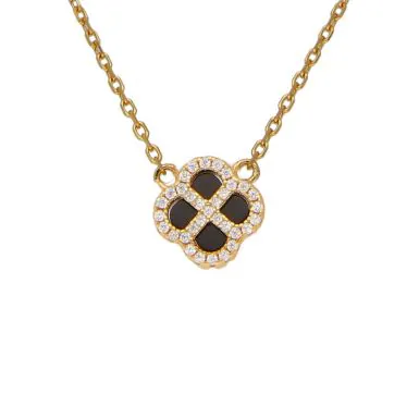 New Gold Plated Cubic Zirconia & Black Agate Petal Necklace