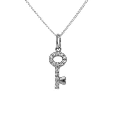 New Sterling Silver Cubic Zirconia Key Pendant & 18" Necklace