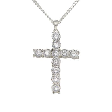 New Sterling Silver Large Cubic Zirconia Cross & Chain Necklace