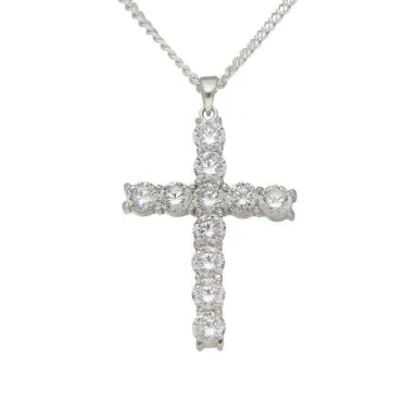 New Sterling Silver Large Cubic Zirconia Cross & Chain Necklace