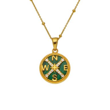 New Gold Plated Cubic Zirconia & Malachite Compass Necklace