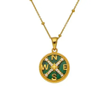 New Gold Plated Cubic Zirconia & Malachite Compass Necklace