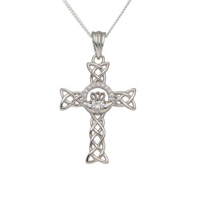 New Sterling Silver Cubic Zirconia Claddagh Cross Necklace