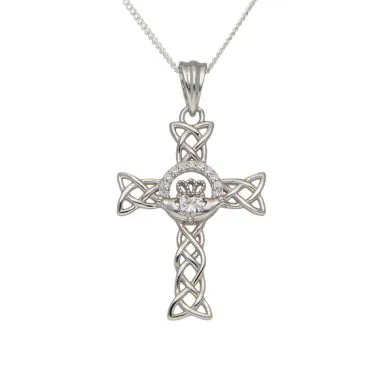 New Sterling Silver Cubic Zirconia Claddagh Cross Necklace